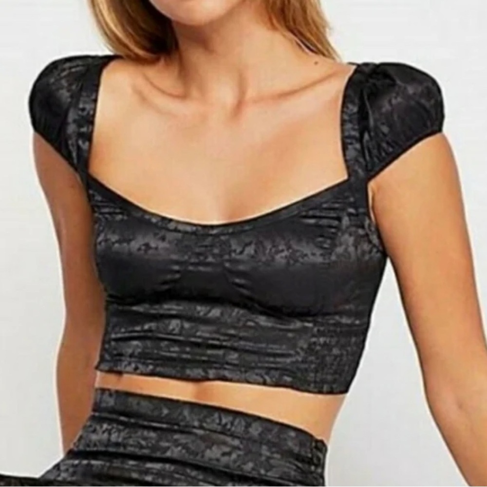 NEW Free People Olympia Satin Jacquard Cap Sleeve Crop Top Charcoal Black Size L
